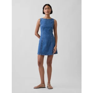Kadın Mavi Denim Botneck Open-Back Mini Elbise