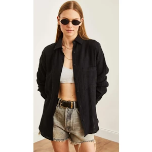 Thiff Gymwear Kadın Siyah Oversize Basic Cepli Müslin Gömlek
