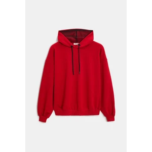 Kırmızı Kadın Oversize Kapüşonlu Basic Hoodie Sweatshirt