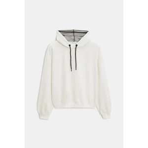 Ekru Kadın Oversize Kapüşonlu Basic Hoodie Sweatshirt