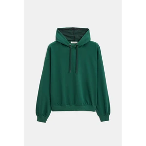 Yeşil Kadın Oversize Kapüşonlu Basic Hoodie Sweatshirt