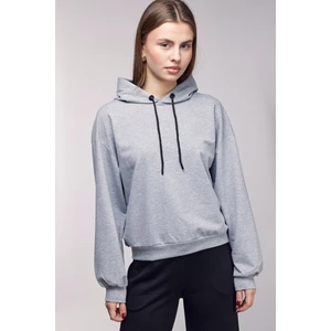 Gri Kadın Oversize Kapüşonlu Basic Hoodie Sweatshirt