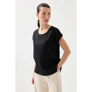 Önü Keten Tshirt - Siyah