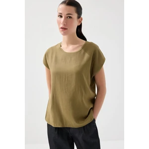 Önü Keten Tshirt - Haki