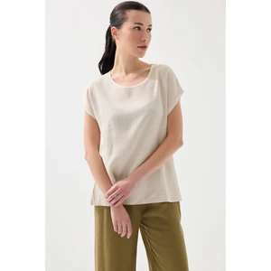 Önü Keten Tshirt - Bej