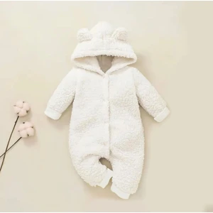 Kışlık Tatlı Kapşonlu Bebek Peluş Welsoft Tulum Beyaz