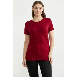 Sıfır Yaka Kısa Kol Basic Tişört - Bordo
