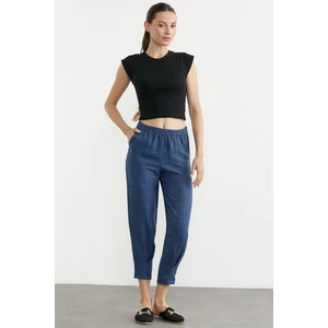 Paça Büzgü Detaylı Krep Pantolon - Indigo