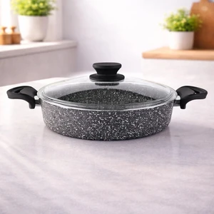 Diez 22 Cm Granit Basık Tencere Gri Yapışmaz Karnıyarık & Pilav Tenceresi Cam Kapaklı