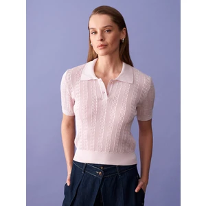 10781 Polo Yaka Ajurlu Triko Bluz-Pudra