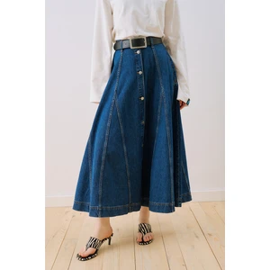 Denim Parçalı Düğmeli Etek Mavi