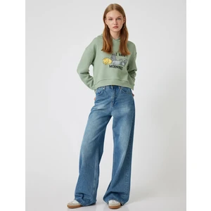 Oversize Crop Sweatshirt Kapüşonlu Kedi Baskılı