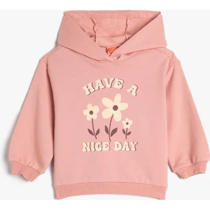 Kapşonlu Sweatshirt Şardonlu Çiçek Baskılı Pamuklu