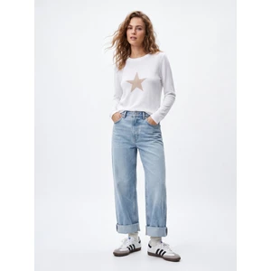 Uzun Kollu Önü Desenli Basic Beyaz Sweatshırt