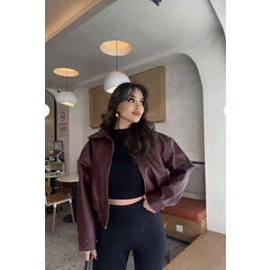 Kadın Oversize  Bomber Beli Lastikli Deri Ceke