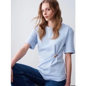 32445 Aksesuar Detaylı Basic T-Shirt-Açık Mavi