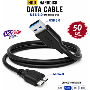 Harddisk HDD Hard Disk Veri Data Kablosu 50 cm Siyah, USB 3.0, Micro Usb-B, 5 Gbps
