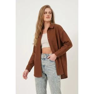 Kahverengi Oversize Uzun Basic Gömlek