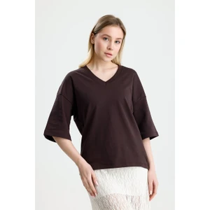 Rose Arya Kahve  V Yaka Over Tshirt