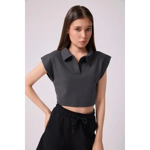Kadın Polo Yaka Regular Fit Basic Crop Antrasit Melanj