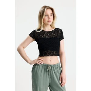Rose Arya Siyah Dantel Kısa Kol Crop
