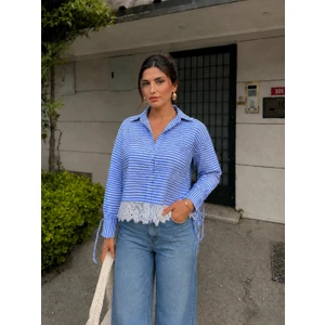 Dantel Detay Çizgili Mavi Gömlek