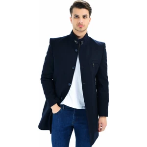 Erkek Palto Uzun Kol Yün Polyester Malzeme ile Lacivert Düz Desenli XL Beden
