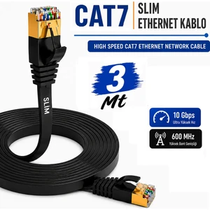 3 Metre Cat7 Ethernet Kablosu Flat Yassı Düz U/ftp 600 Mhz 10 Gbps Patch Lan Network Cable