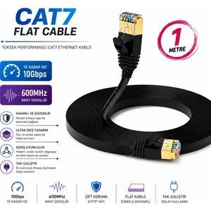1 Metre Yassı Flat Cat7 Ethernet Kablosu 10 Gbps 600 Mhz U/ftp Patch Network Cable