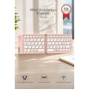 Kablosuz Klavye Bluetooth Katlanabilir Şarjlı Mini Klavye TK08 Pembe