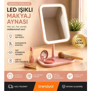 Dokunmatik LED Işıklı Makyaj Aynası- Pembe