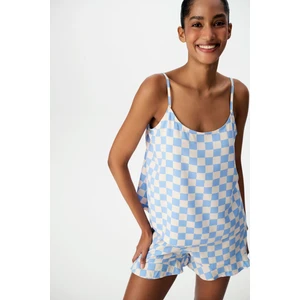 Mavi Gingham Dama Desenli Şort Pijama Takımı