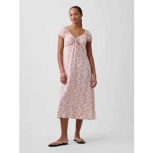 Kadın Pembe Print Puff Sleeve Midi Elbise