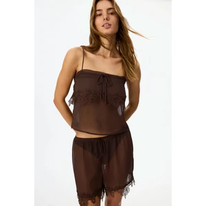 Brown Jasmin Şifon Dantelli Şort Pijama Takımı