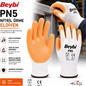 Nitril Eldiven 1 Çift Polyester Örme Turuncu Renkli Güçlü Kavrama Özelliği