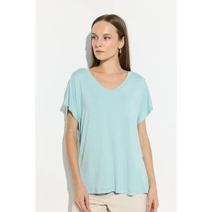 V Yaka Rahat Kesim Bambu Tshirt - Mavi