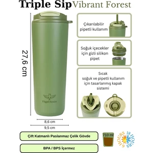 Fagel Fenix 710 ml Triple Sip Vibrant Forest Çift Katmanlı Paslanmaz Çelik Termos Matara