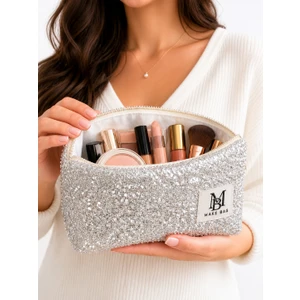 Make Bag Elmas Boncuklu Gümüş Renk Makyaj Çantası
