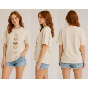 Enb1r Moda Kadın Romantik Kalpler Baskılı Bej Premium Basic T-Shirt