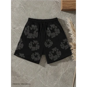 Oversize  Şort - 3D Puff Kabarık Çiçek Baskılı Pamuklu Şort