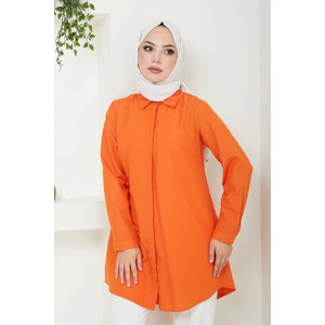 Kadın Uzun Basic Turuncu Polo Yaka Tesettür Gömlek Elbise