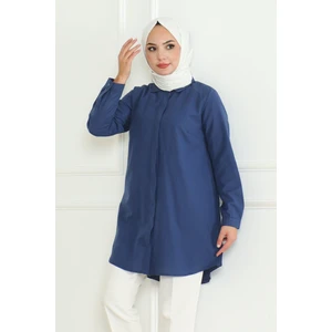 Kadın Uzun Basic Indigo Polo Yaka Tesettür Gömlek Elbise