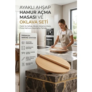 34 Cm Ayaklı Ahşap Hamur Açma Masası ve Oklava Seti - Pratik Yer Sofrası, Börek, Gözleme, Mantı, Pizza Hamuru Hazırlama Tahtası 715494