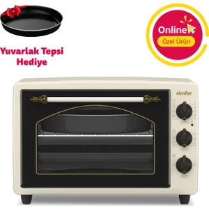 Retro Bej 34 LT Statik Mini/Midi Fırın 4 Fonksiyonlu Programlanabilir Pişirme & Isı Kontrol