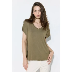 V Yaka Rahat Kesim Bambu Tshirt - Haki