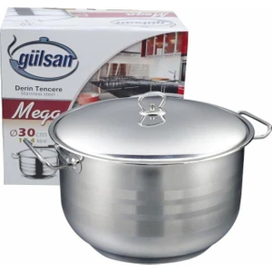 Mega 30*19 Cm Çelik Derin Tencere Inox Renk ve Cam Kapak ile Şık Tasarım
