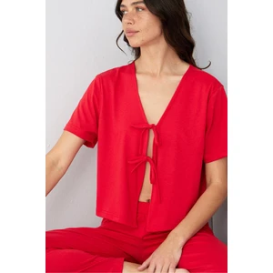 Siyah İnci Kırmızı Bağlamalı Örme Pijama TAKIM7889