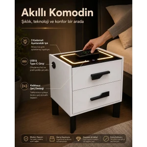 Diamond Beyaz Ledli Şarj Üniteli Komodin