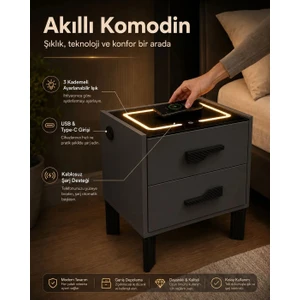 Diamond Antrasit Ledli Şarj Üniteli Komodin