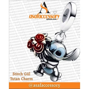 Stitch Gül Tutan Charm Gümüş